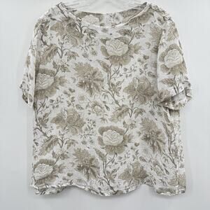 Flax 100% Linen Boxy Floral Top Size M White Brown Neutral Beachy Lagenlook